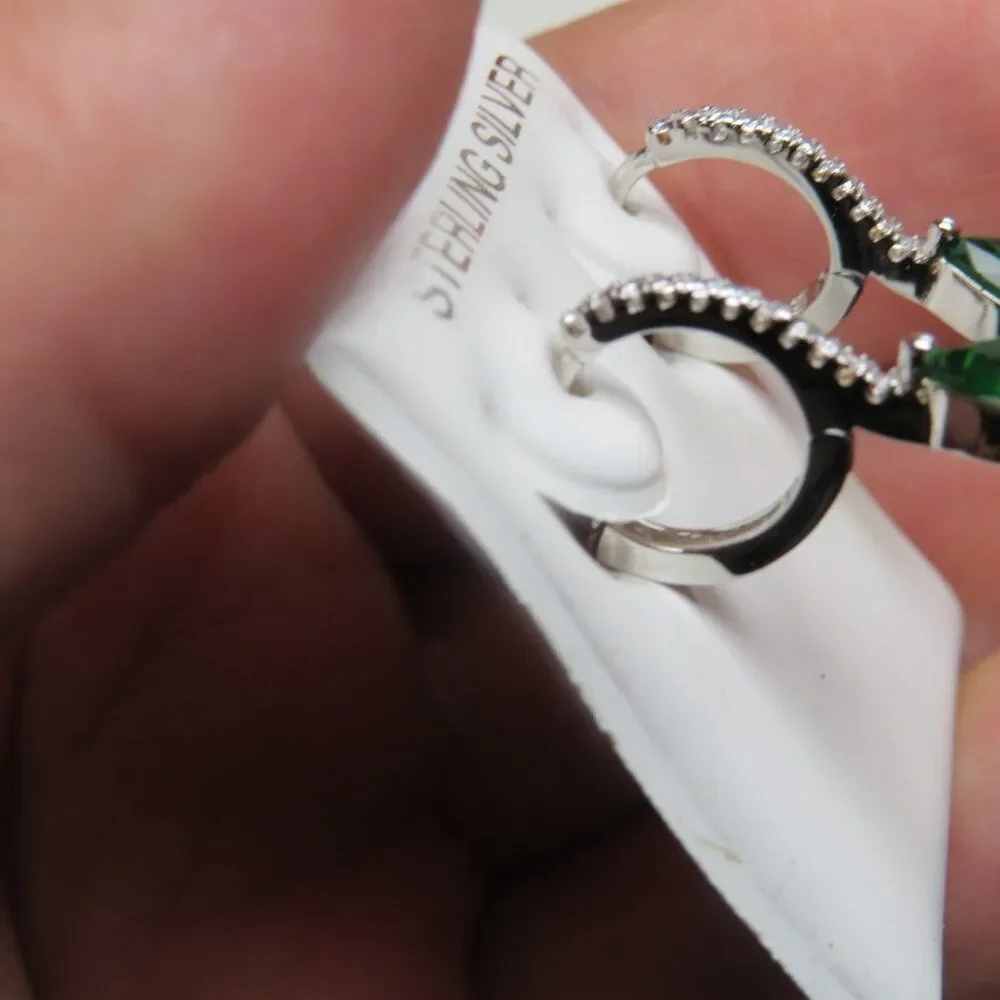 Sterling Silver Earring  lab created emerald Hand Crafted